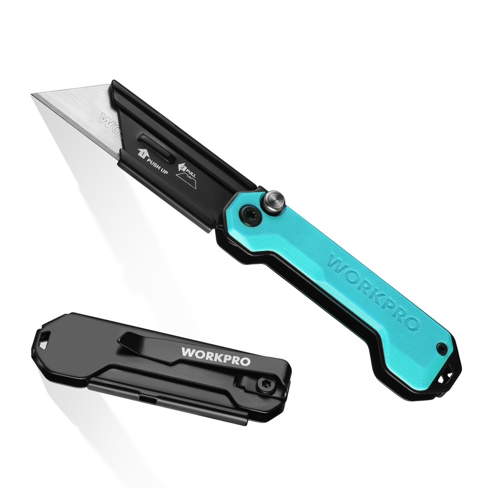 WORKPRO Folding Utility Knife Box Cutter Quick Change Blade Quick Open Axis Lock