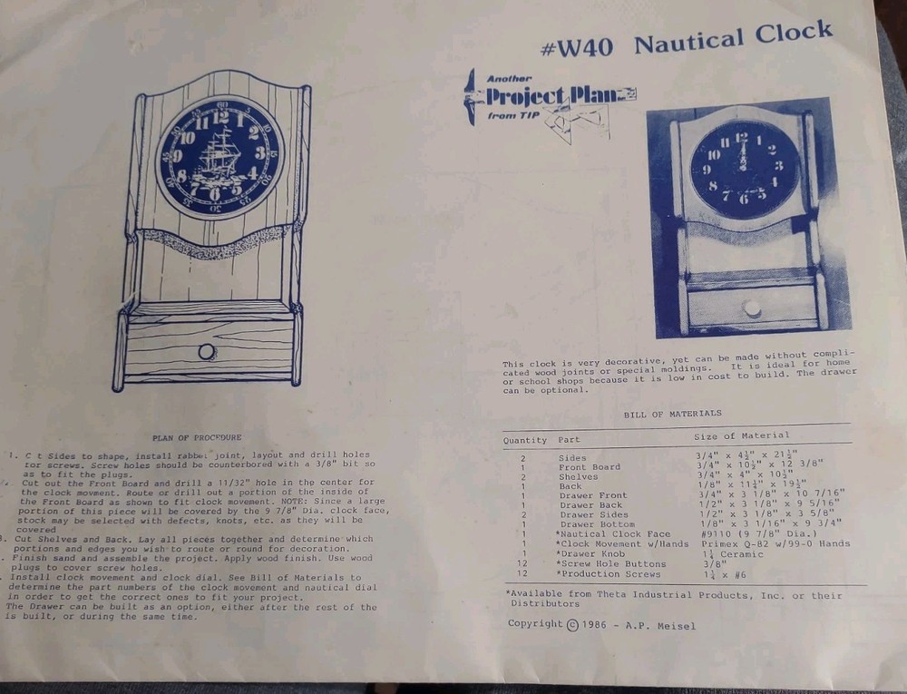 TIP wooden Project  Plan NAUTICAL  CLOCK 1986 #W40