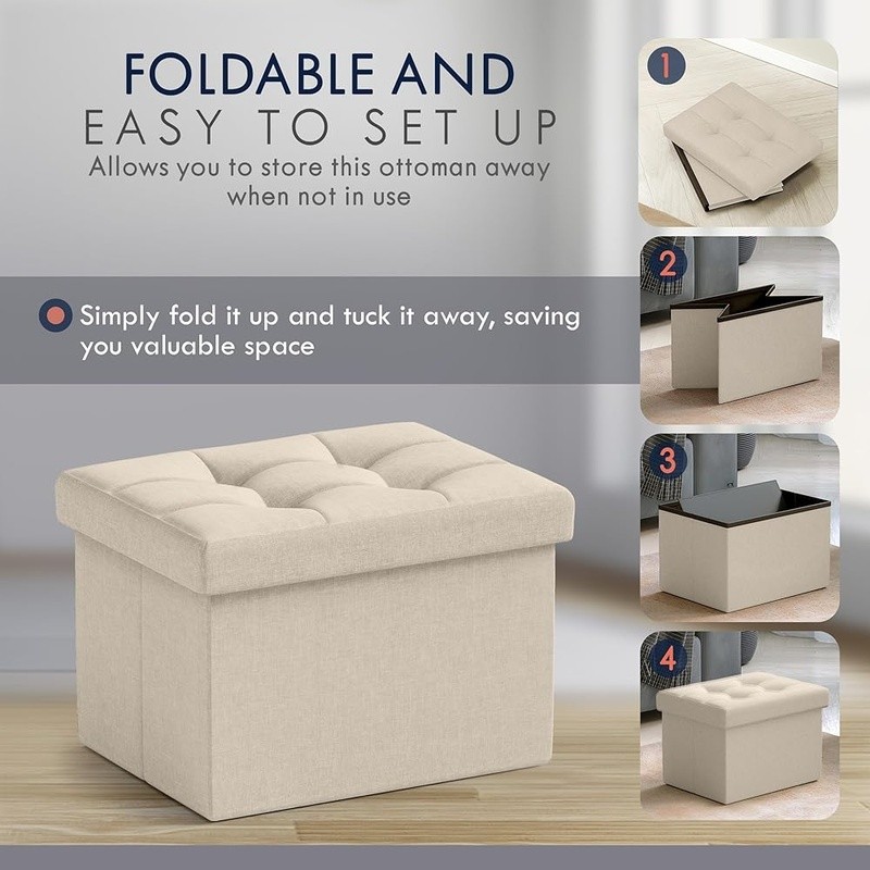 Foldable Storage Ottoman Multi-Use Footrest Comfortable Linen Rectangular Design
