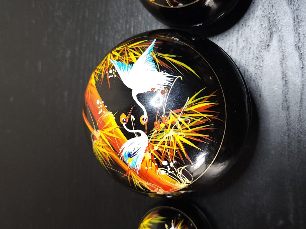 Painted Enamel STORKS ON THREE NESTING TRINKET BOXES Asian Lacquerware VIETNAM