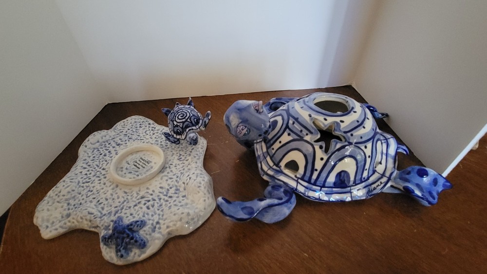 Diane Artware Blue and White Turtle Tea Light Set Ceramic
