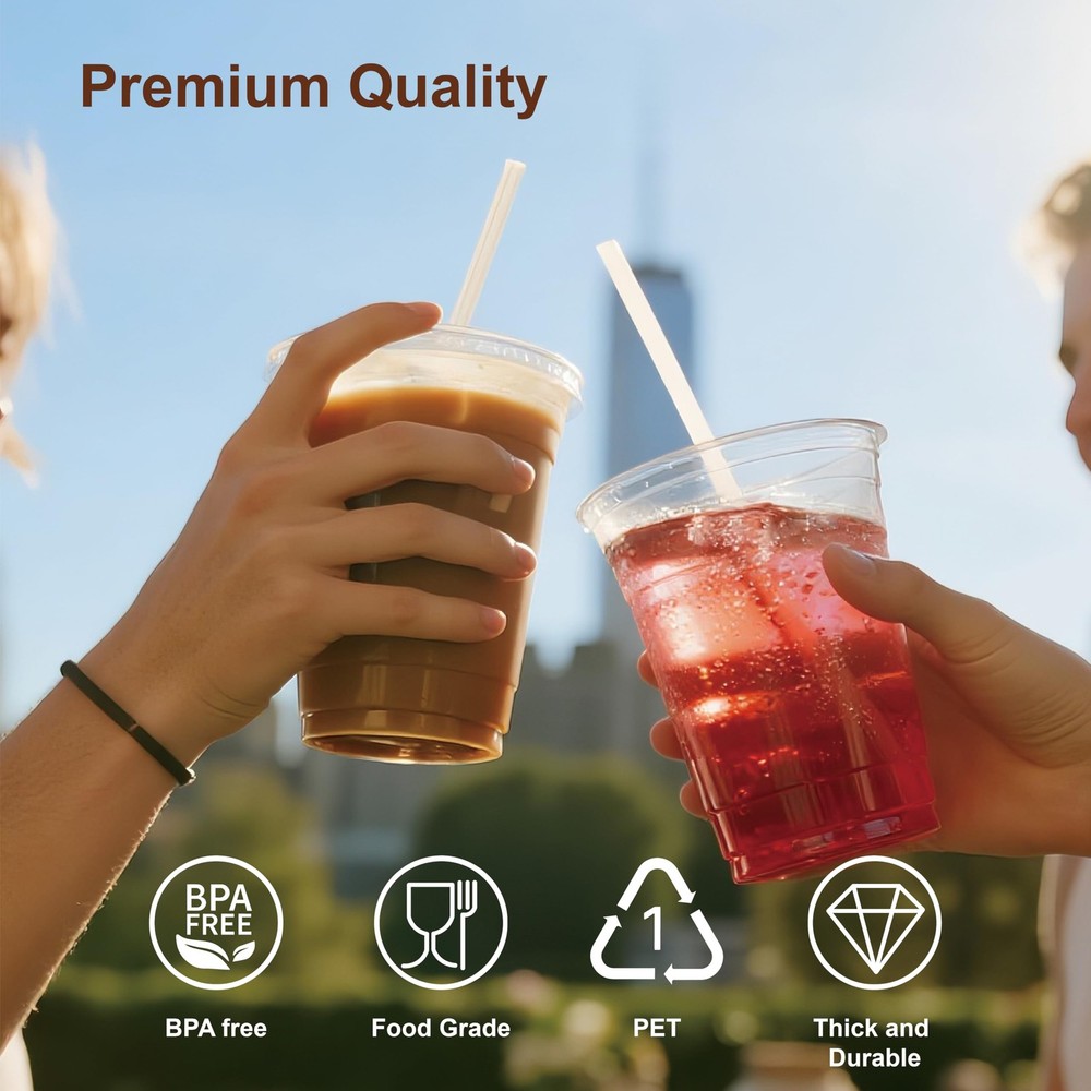 100 Pack 16oz Clear Plastic Cups with Lids and Straws