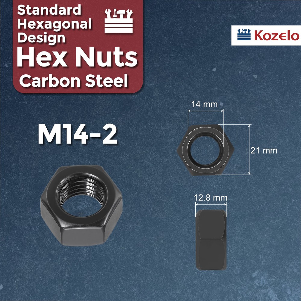 4pcs Hex Nuts - [M14-2] Carbon Steel Grade 8 Hardware Nuts, Black
