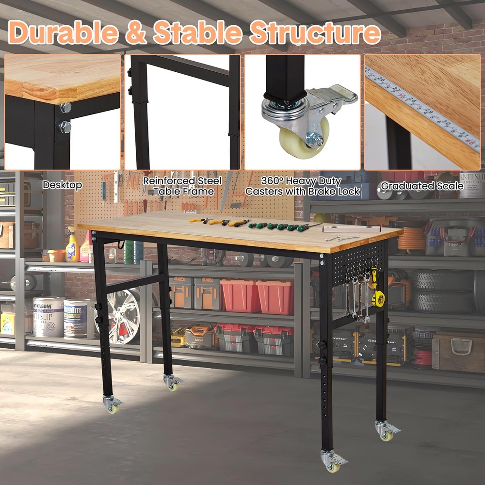 48'' Adjustable Workbench&Pegboard Power Outlets Heavy Duty Work Table,Garage