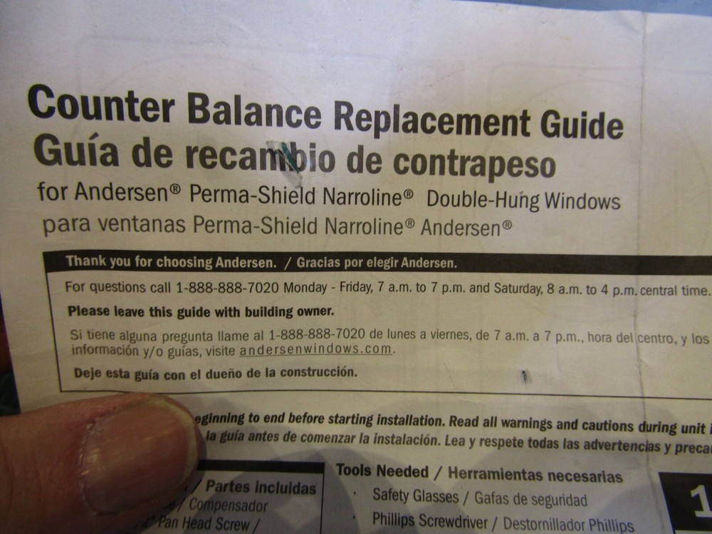 1– Andersen Sash Balancer for Perma-Shield Narroline Window Counter Balancer BB