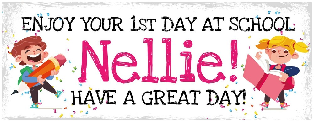 2 PERSONALISED FIRST DAY AT SCHOOL BANNERS PINK - DESIGN 2