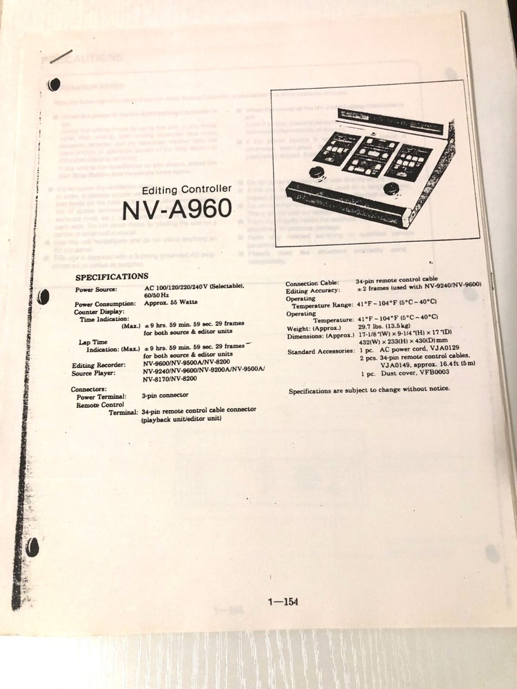 Panasonic NV-A960 Video Editing Controller Manual