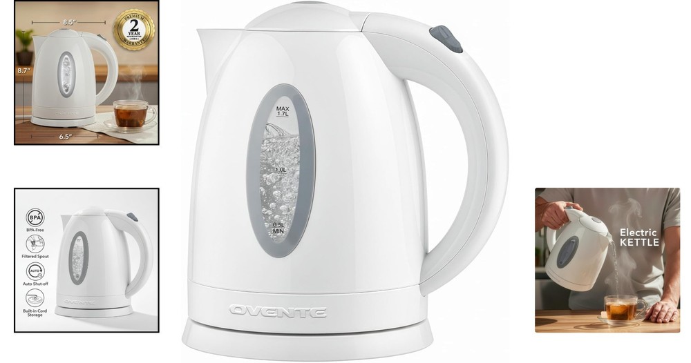 Fast Boiling 1.7L Electric Kettle with Auto Shut-Off & Removable Filter | White