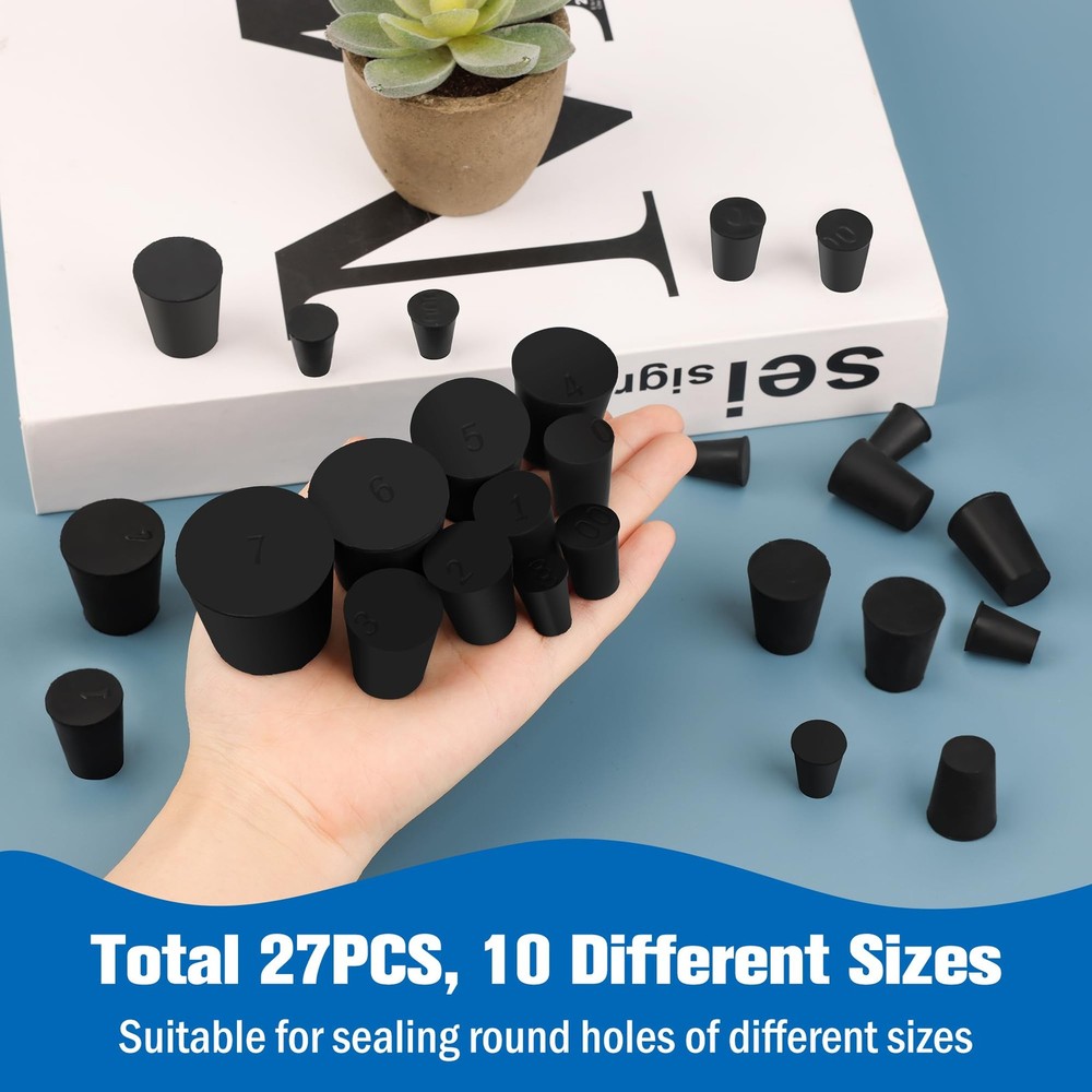 Solid Rubber Stopper Black Lab Plug 000-7 Assorted Sizes Coating Paint 27 Pack