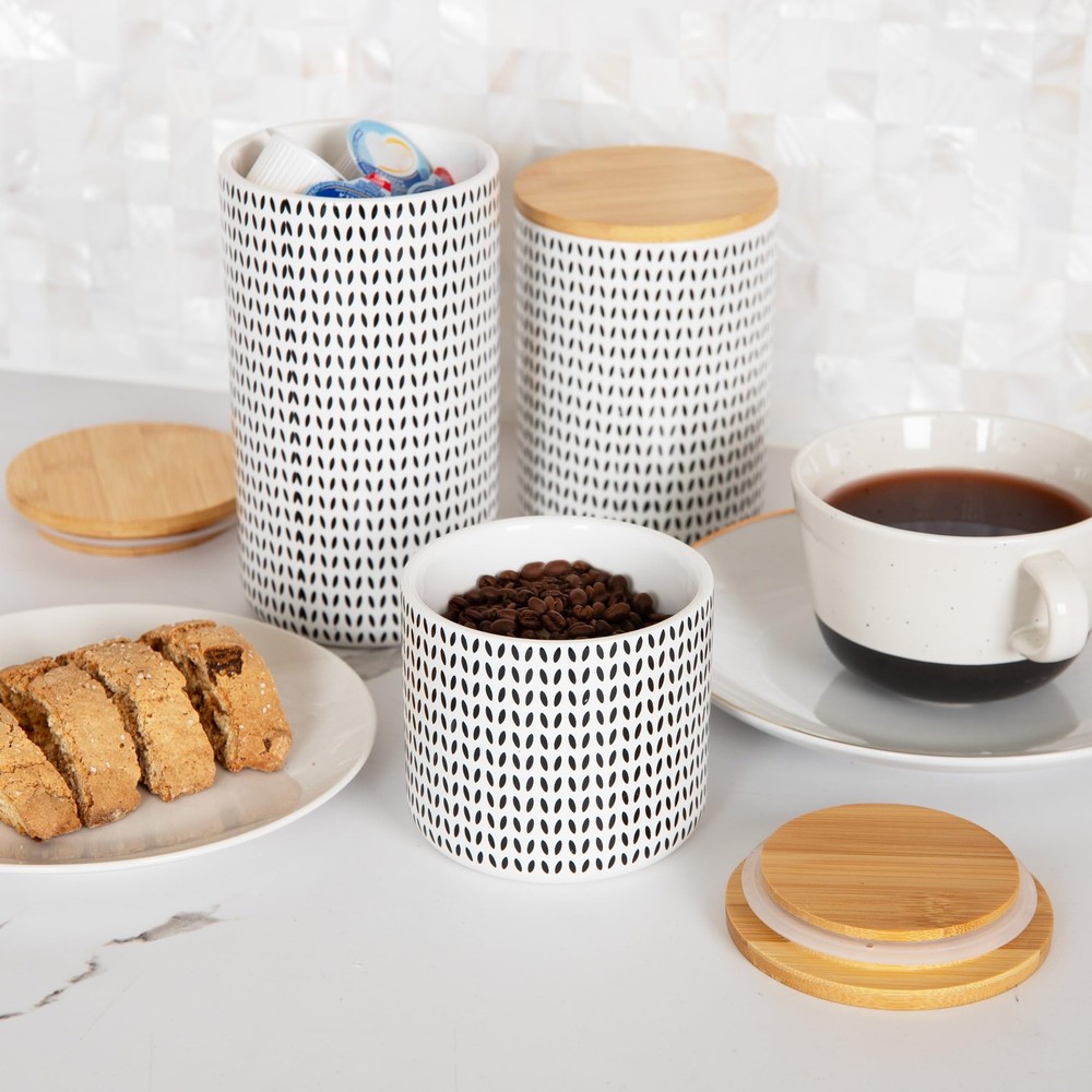 3-Piece Canister Set, Sugar Container, Coffee Storage, Lids, Kitchen, Ceramic...