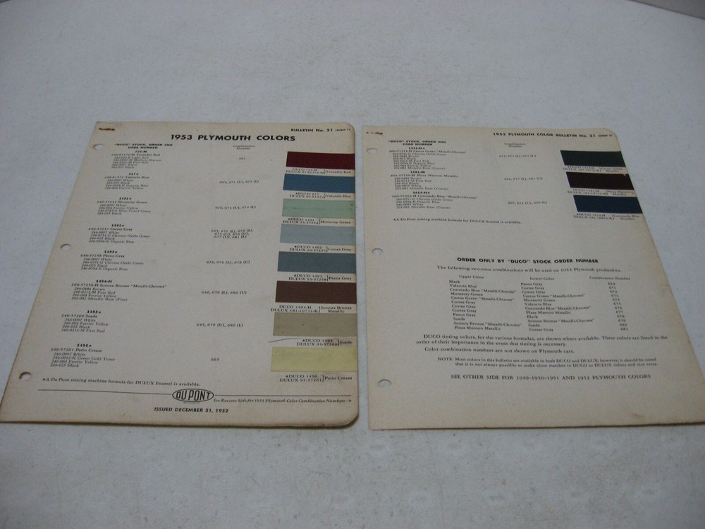 1953 Plymouth Original DuPont 2 Page Paint Color Chip Chart