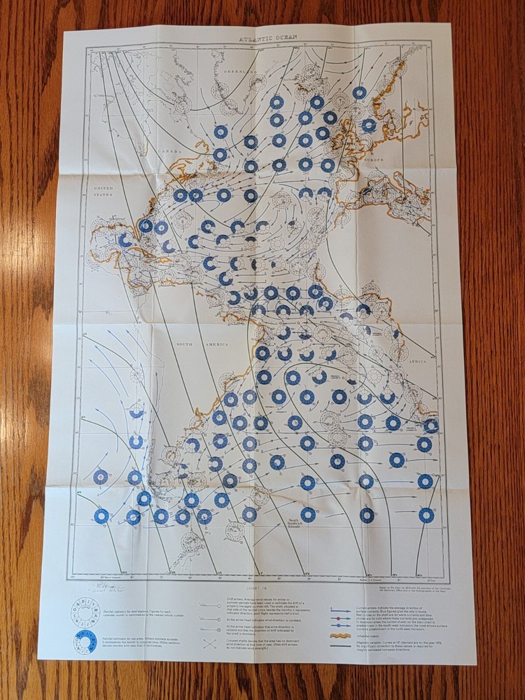 Vintage Hydrographic US Navy Pilot Chart / Atlantic & Eastern Pacific Oceans Map