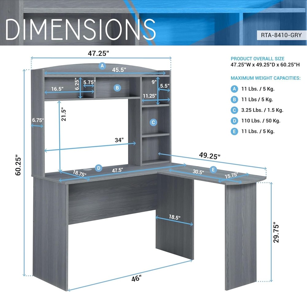 Modern Hutch L-Shaped Computer Desk Grey