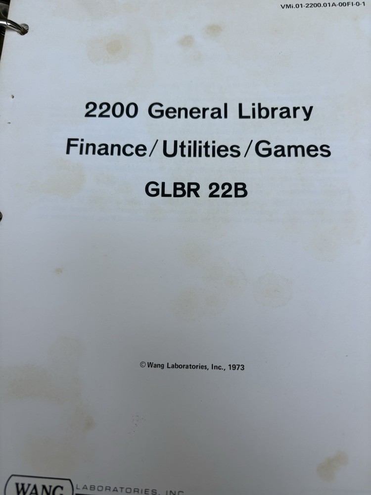 Wang "Basic" Language Programming Manuals: System GLBR 22B 2200 (1973) In Binder