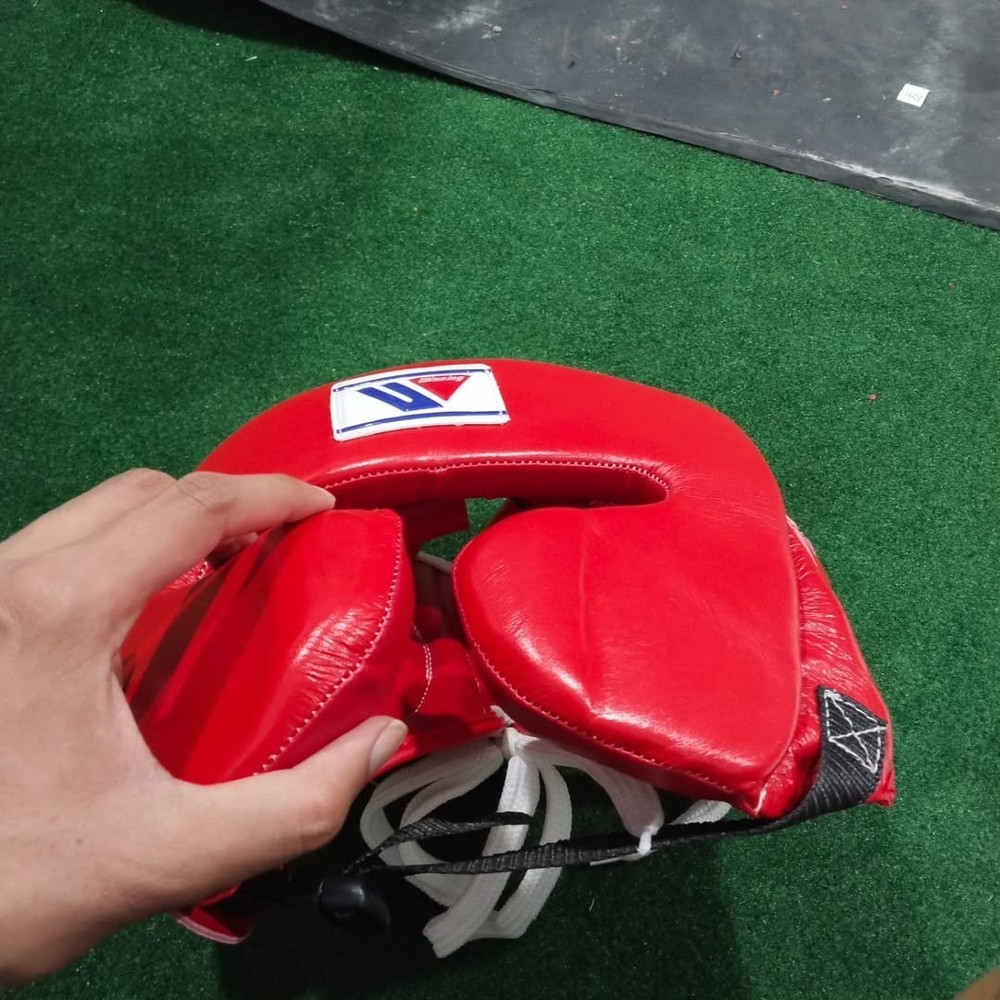 Red Boxing Headgear Leather Sparring Head Guard Size L Custom Style