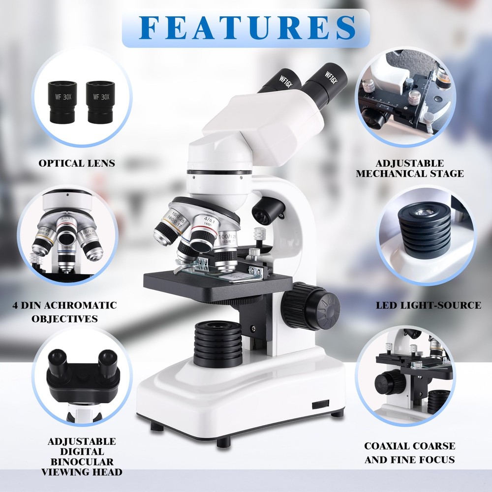 Compound Binocular Microscopes 64X-6000X with Electric Len, Microscope for Ad...