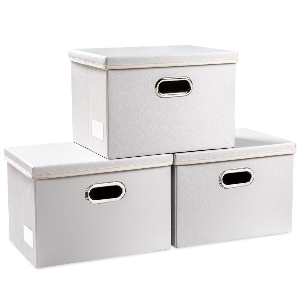 PRANDOM Collapsible Storage Bins with Lids [3-Pack] Medium(3-Pack), White