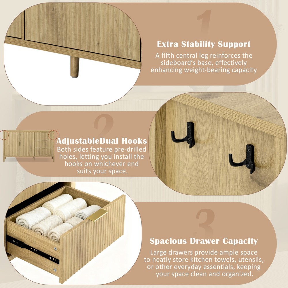 U-Style Modern Wave-Pattern Sideboard (3 Drawers, Hooks, Extra Leg, Large Storag