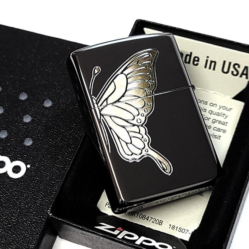 Zippo White Butterfly Shell Black Etching 2 Sided Processing Lighter Regular