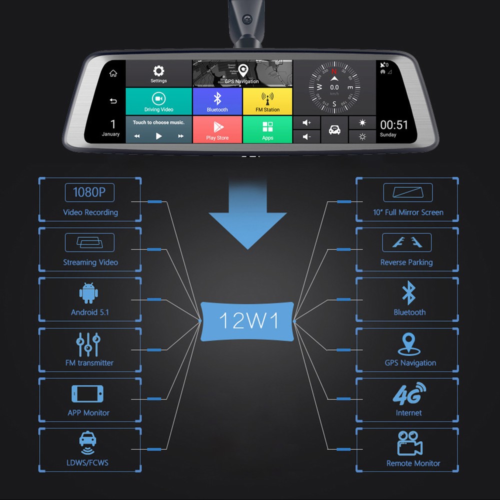 4G smart Car DVR Camera Android rear view backup mirror Dash Cam GPS navigation