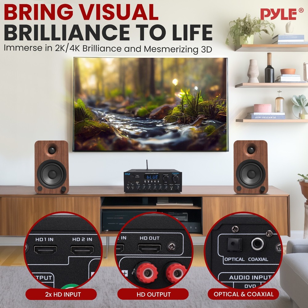Pyle 300Watt Multi-Channel Power Amplifier w/Bluetooth, HDMI Inputs/Outputs