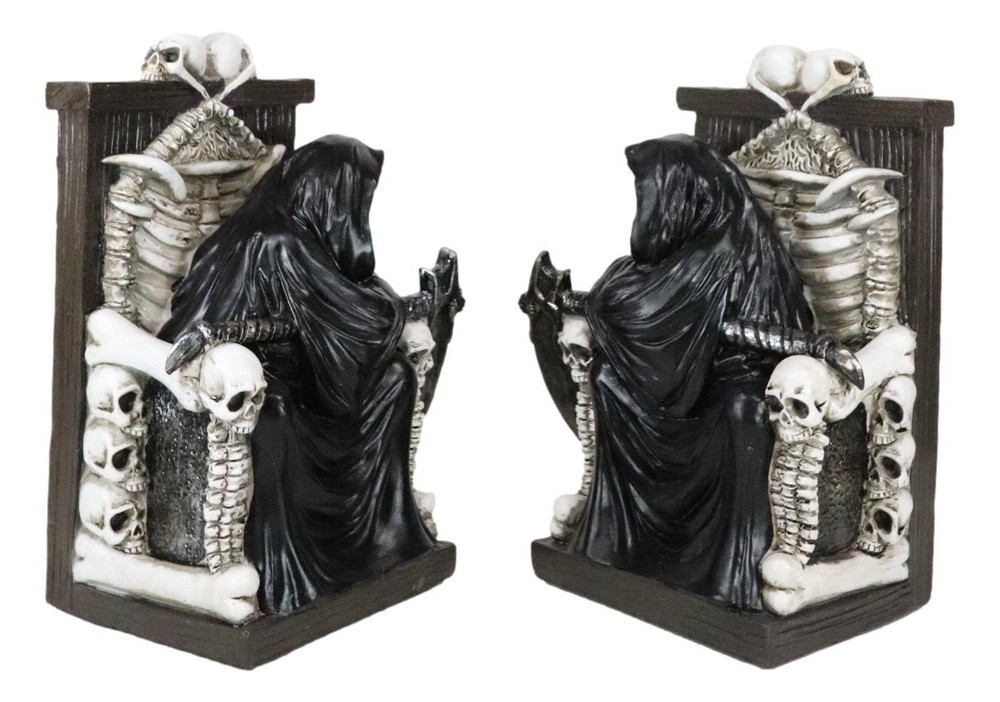 Gothic Grim Reaper Sitting On Skulls And Skeleton Bones Thrones Bookends Statue