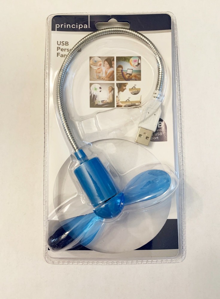NWT Principal USB Desk Computer Adjustable Neck Personal Fan Blue