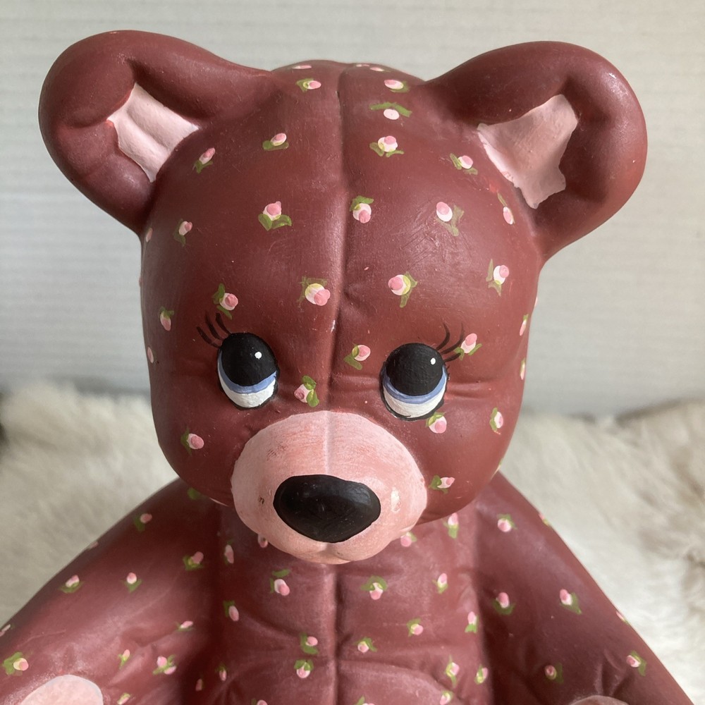 Quilted Ceramic Teddy Bear 8" Tall hand painted floral design felt bottom