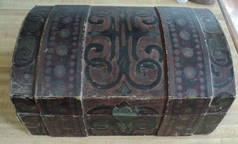 Vintage Beautiful Sewing Knitting Box Embossed Paper Covered  Map Inside Lid