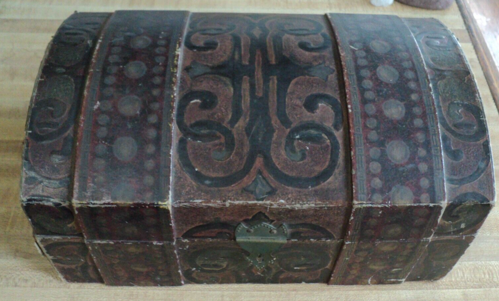 Vintage Beautiful Sewing Knitting Box Embossed Paper Covered Map Inside Lid