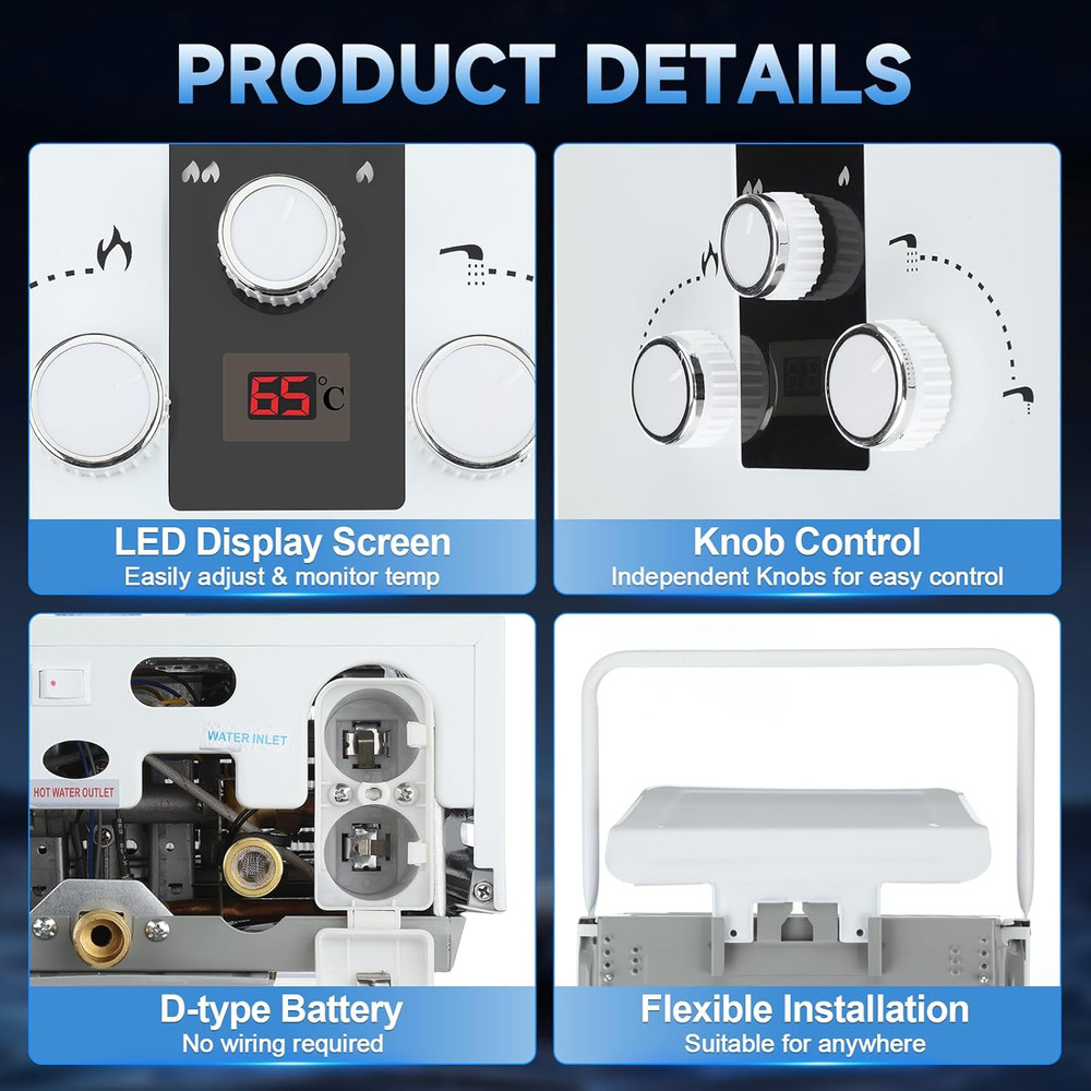 Propane Tankless Water Heater Outdoor, 2.11 GPM 8L, Portable Gas Water Heater wi