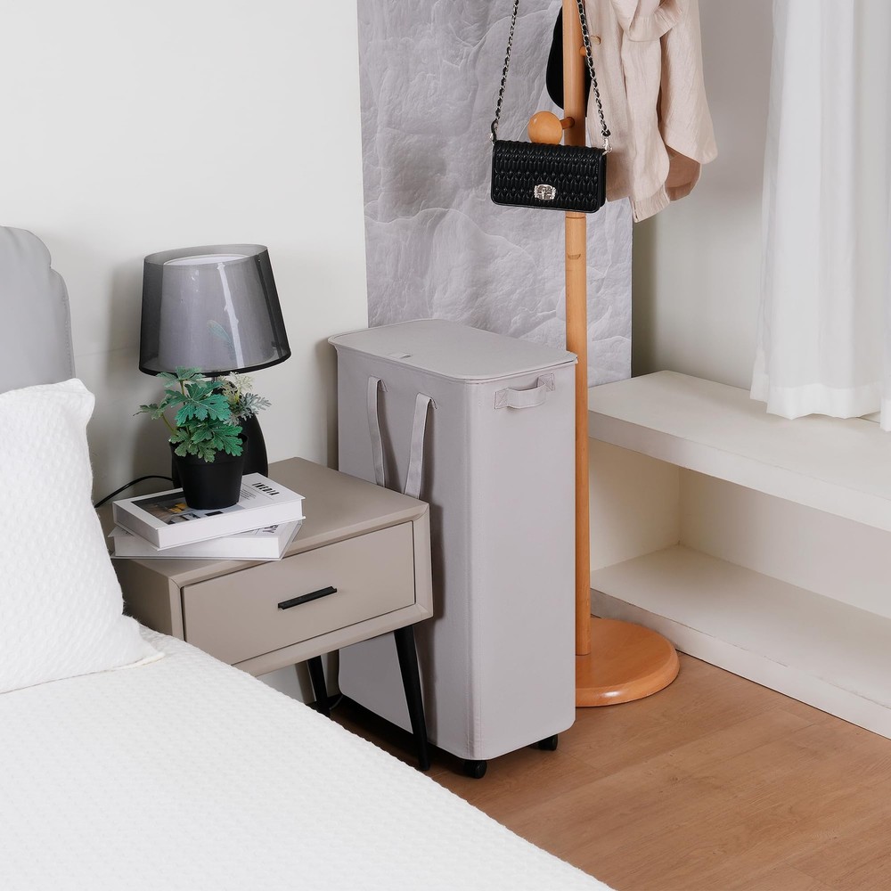 Slim Laundry Hamper with Lid and Wheels Small Rolling Laundry Basket with Han...