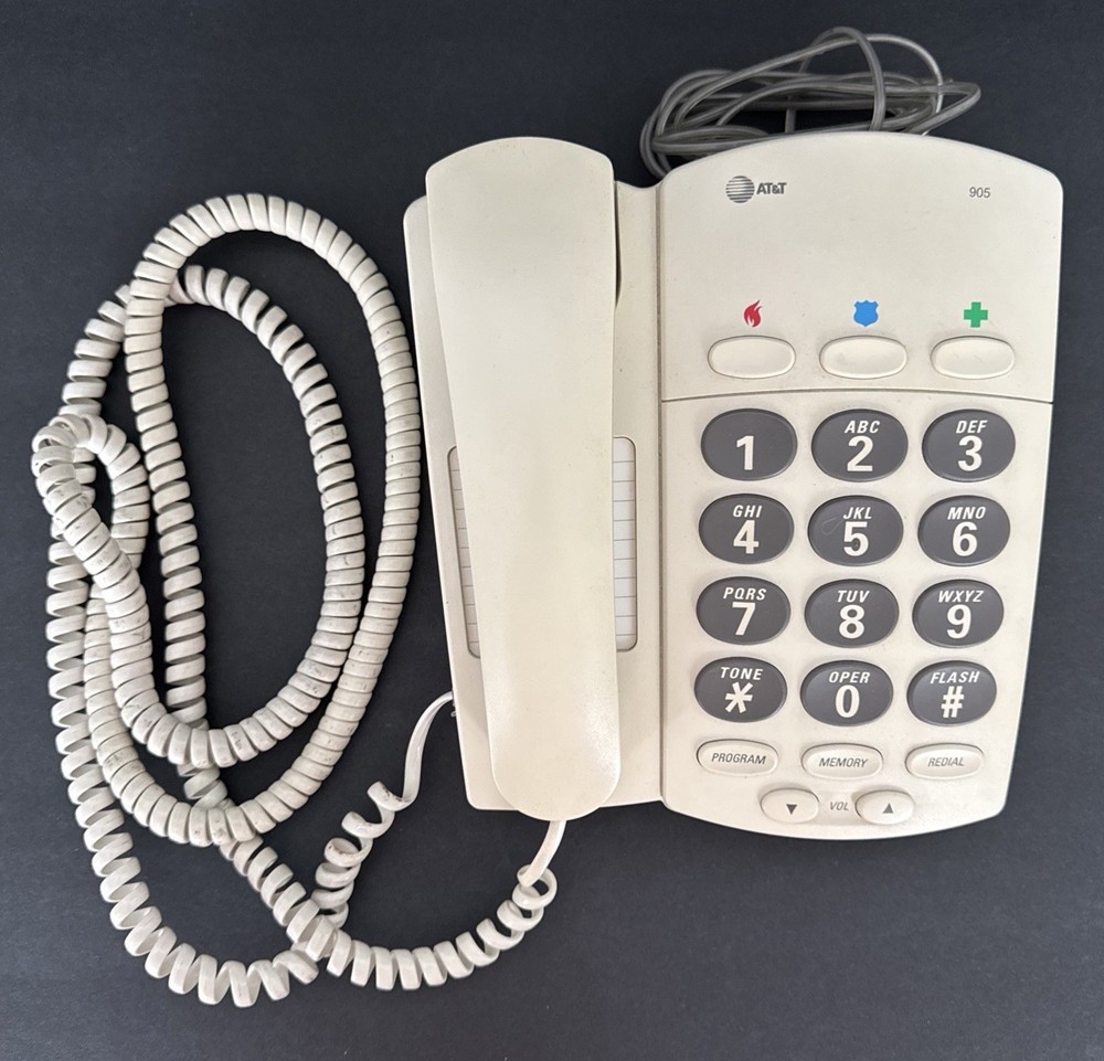 AT&T Large Push Button Phone Model 905 Memory Dial Extra Long Cord Vintage