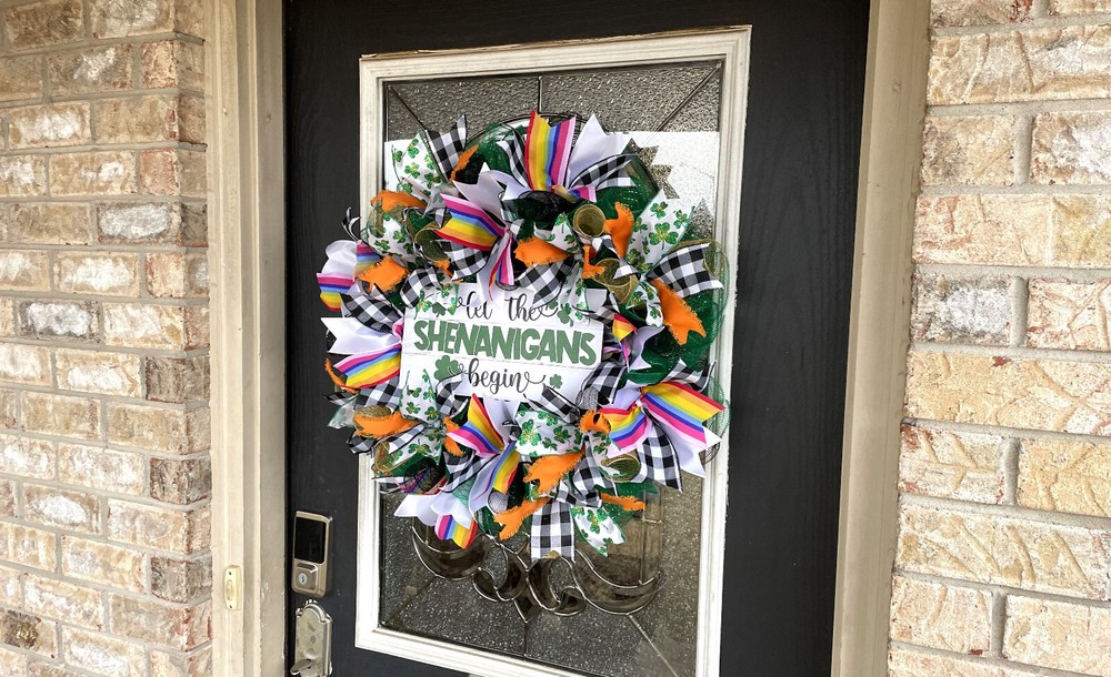 Rainbow Clover LetShenanigans Begin St. Patricks Day Deco Mesh Front Door Wreath