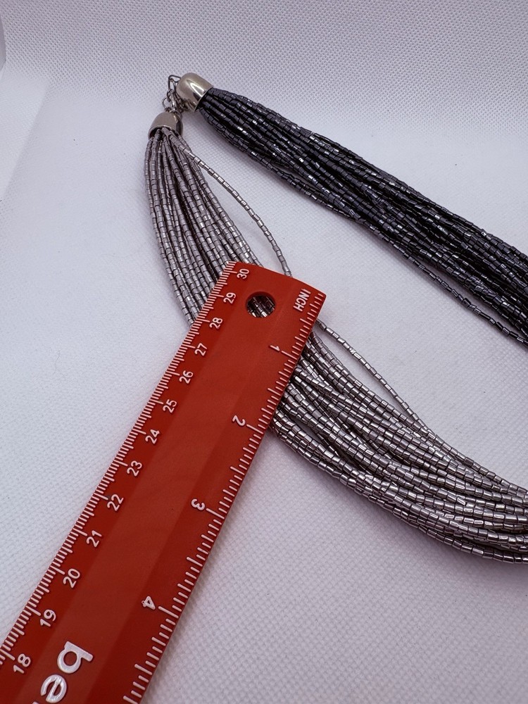 Vintage Silver Gray Dramatic Multi Strand Fully Beaded Necklace Wired 17-19”