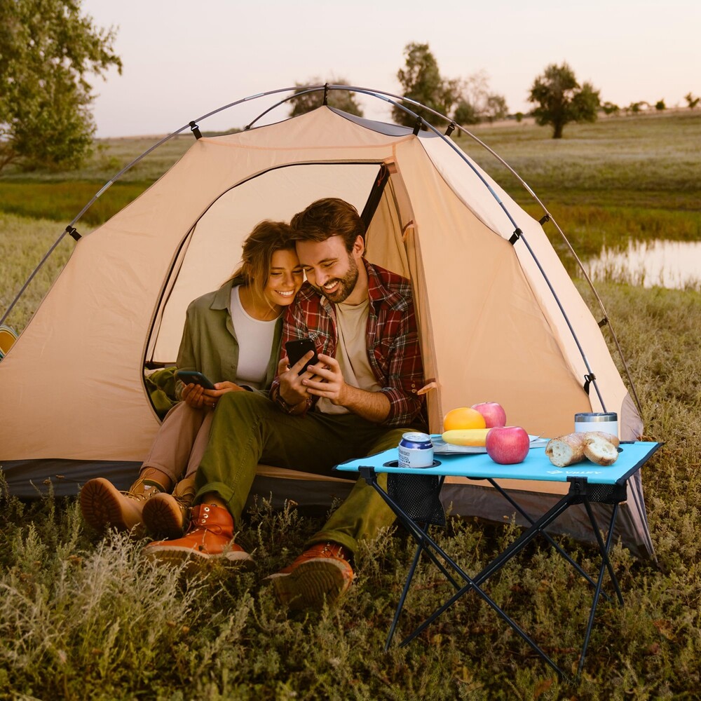 VILLEY Folding Camping Table, Portable Camping Table w/2 Cup Holders & Carry Bag
