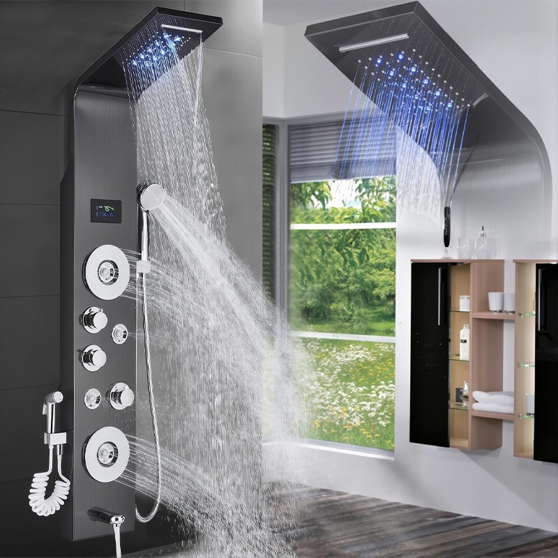 Stainless Steel Shower Panel Tower System LED Rainfall&Waterfall Massage Jet Set