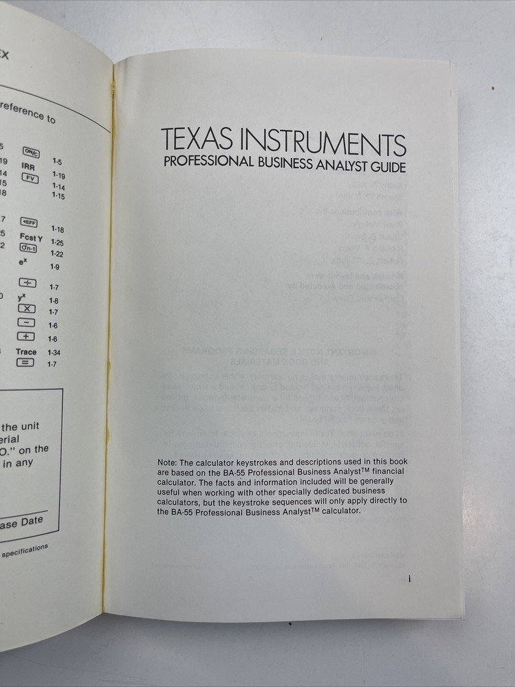 Texas Instruments Professional Business Analysts Guide BA-55 Manual
