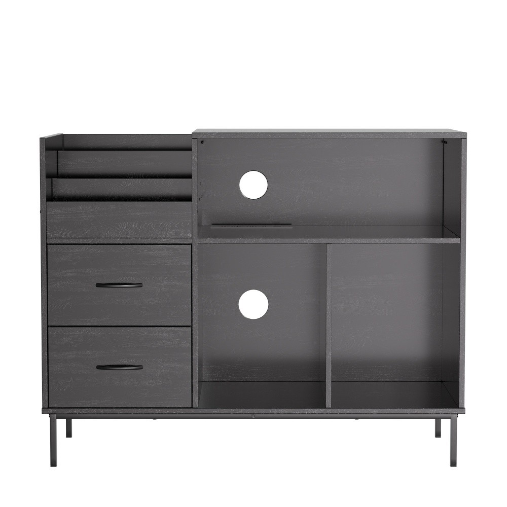Black Media Console Record Player Stand with Power Outlet & Flip-Down Lid