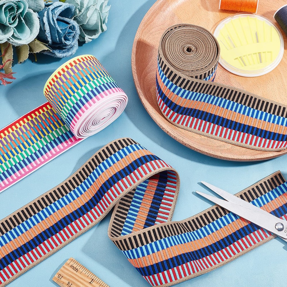 4 Yards 2 Styles 2inch Wide Nylon Elastic Band Flat with Stripe Pattern Rubbe...