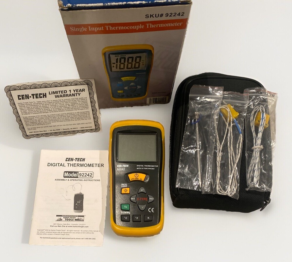 NIB Cen-Tech 92242 Single Input Thermocouple Thermometer w Case, Tools, Manual