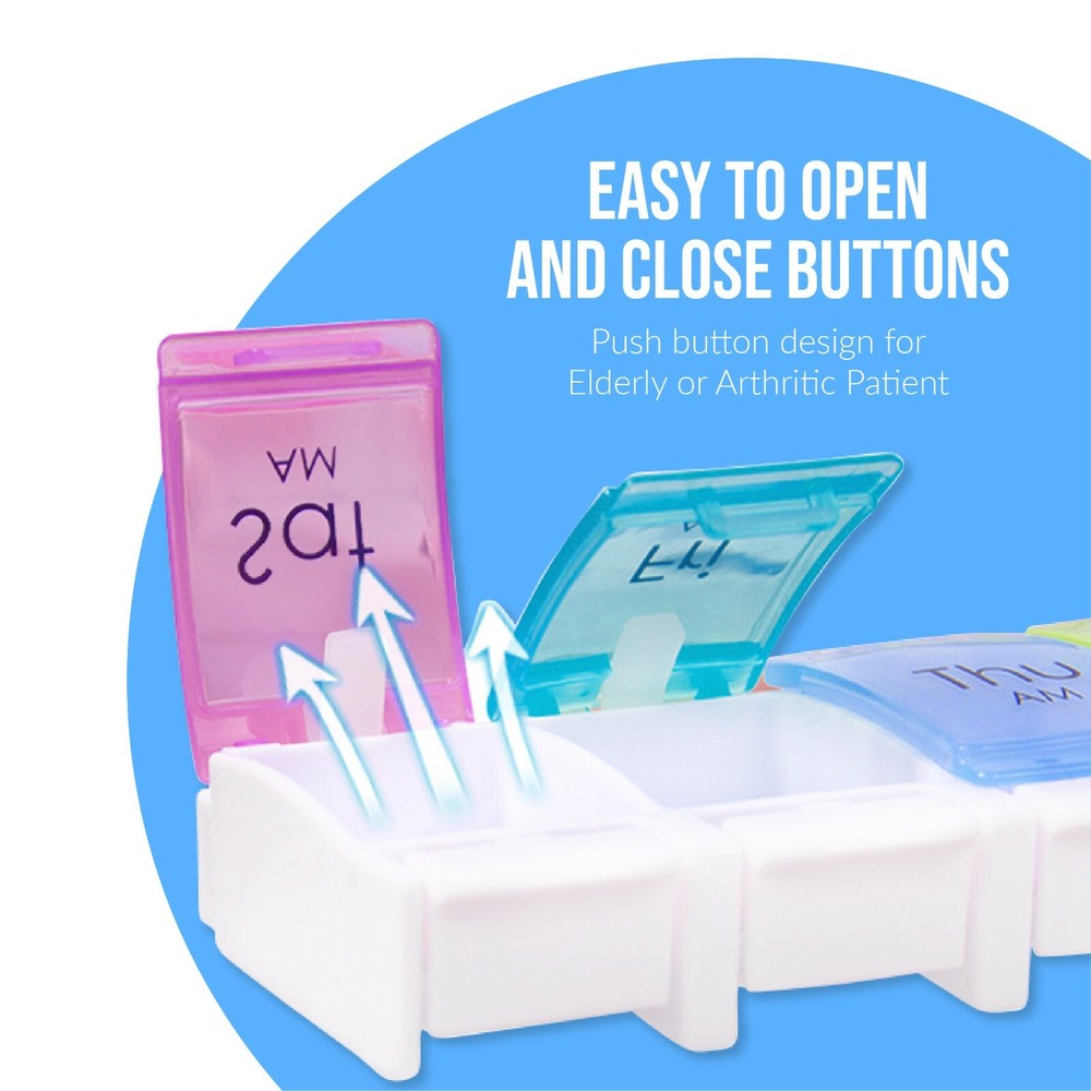 Weekly 7-Day AM/PM Push Button Pill Organizer Planner- Arthritis Friendly