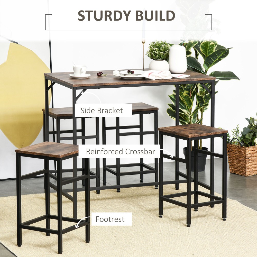 5 Piece Industrial Dining Table Set Bar Table 4 Stools Set Space Saving