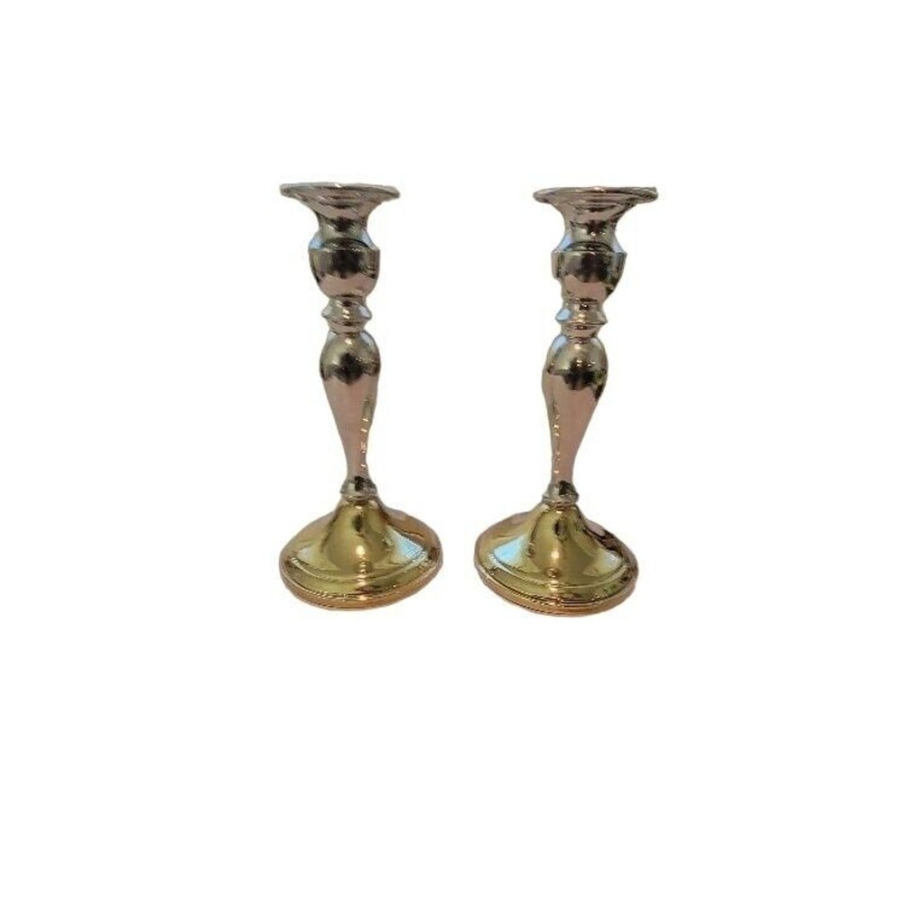Candlestick Pair Two-tone Silver Brass Web Pewter Weighted Formal Evening