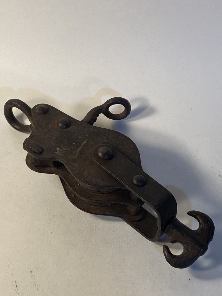 Antique Double Pulley w/ Hook & Line Stop 8”
