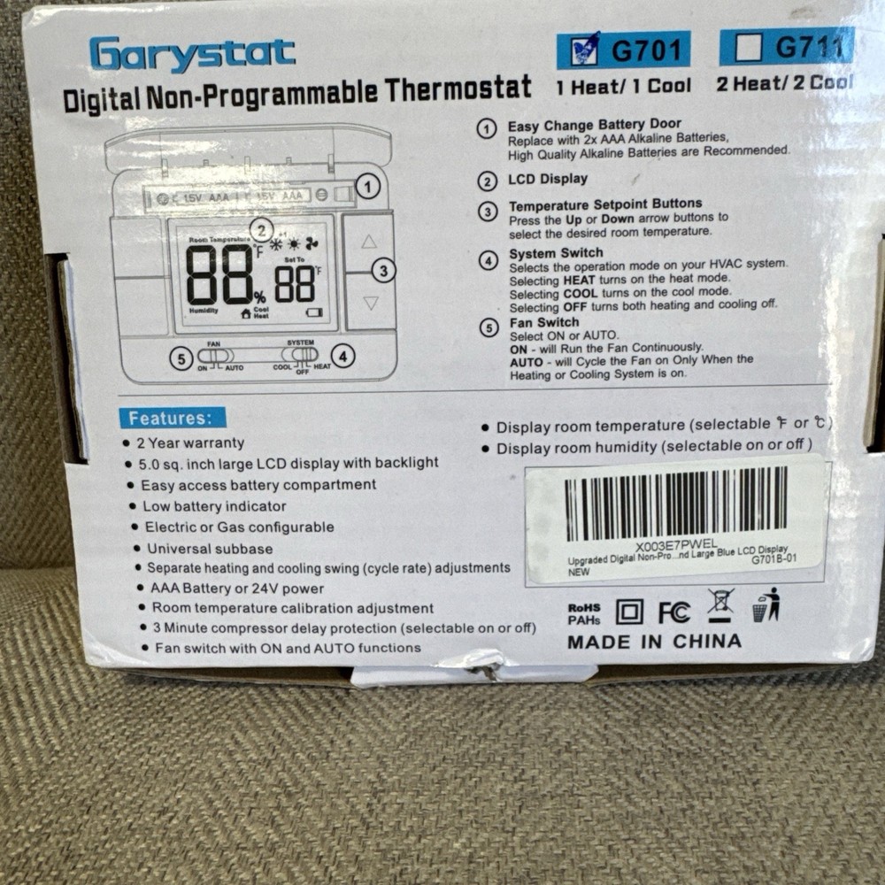 NIB Garystat Single Stage Digital Non-Programable Thermostat G701