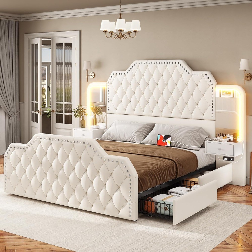 Queen Size Upholstered Platform Bed Frame with 53 Inch Tall Headboard, 4 Storage