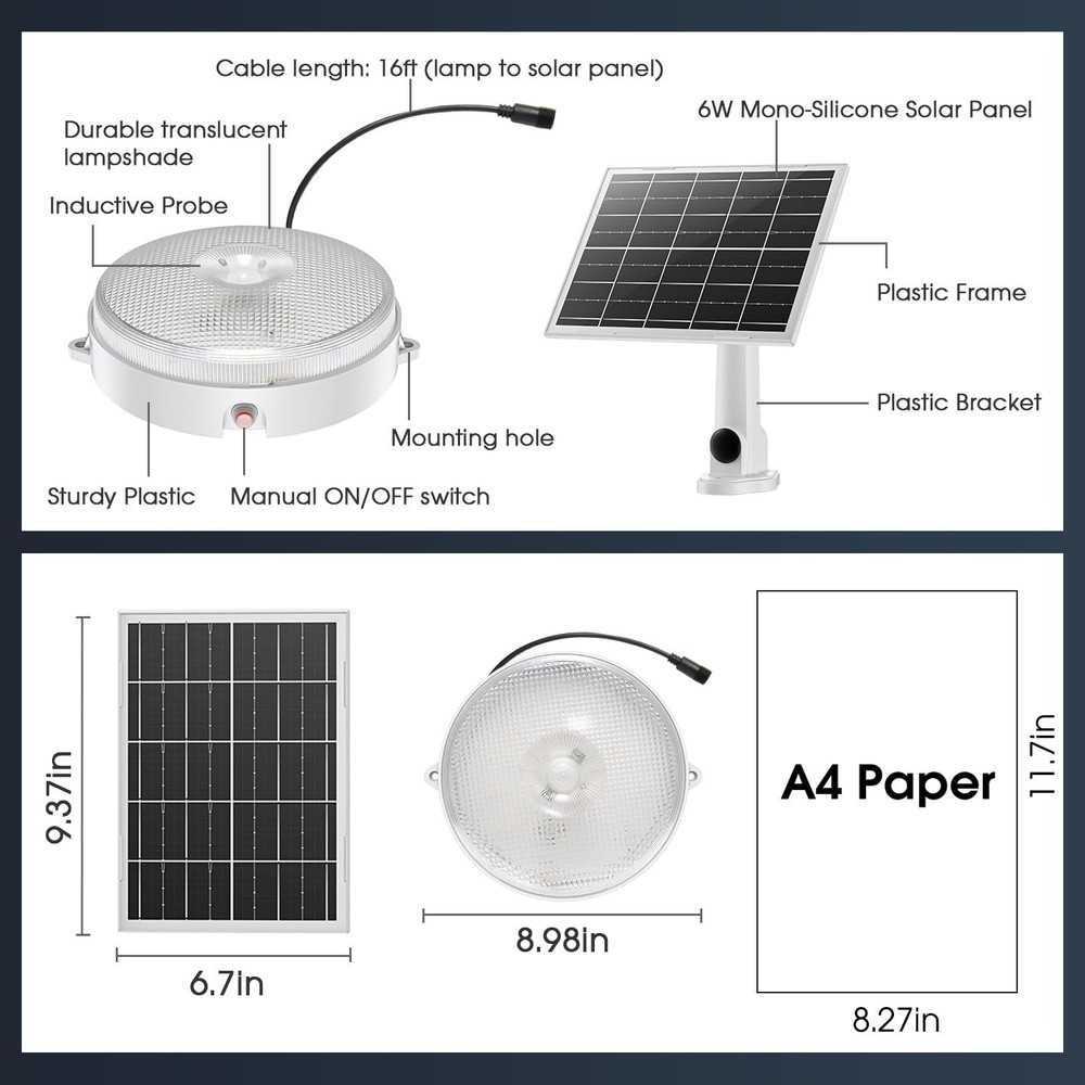 Solar Ceiling Light-Motion Sensor, 30S/60S Timer & 4 Modes & Tricolor, Daytim...