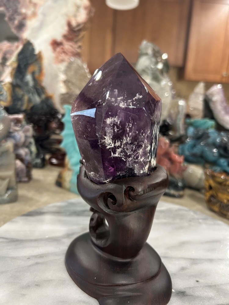 Amethyst quartz point with custom wood stand