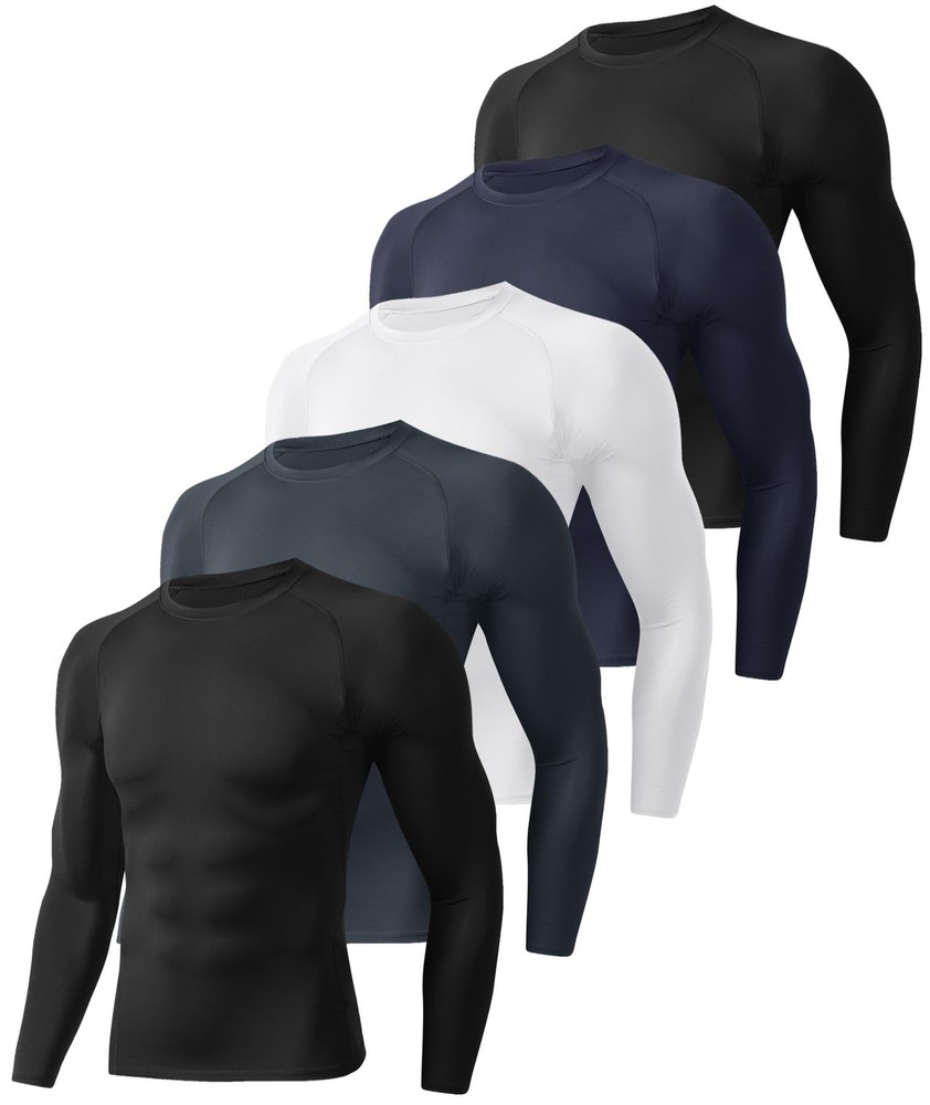 5 Pack Long Sleeve Compression Shirts for Men - Black Quick Dry Workout Base ...